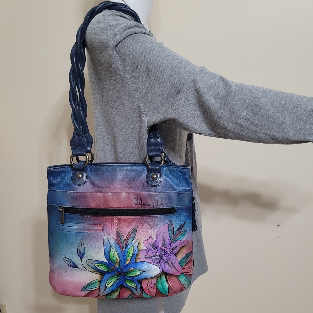 Anuschka Hand-Painted Blue-Pink Floral Shoulder Bag
